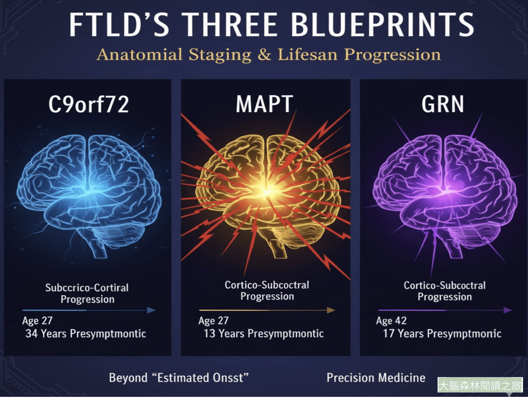 一種疾病,三套藍圖:解構FTLD 三大基因型 (C9/GRN/MAPT)截然不同的「萎縮路徑」與「病程速度」