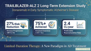 Donanemab TRAILBLAZER-ALZ 2 long-term extension: 3-year results showing early-start vs delayed-start, amyloid clearance strategy, and ARIA safety timeline