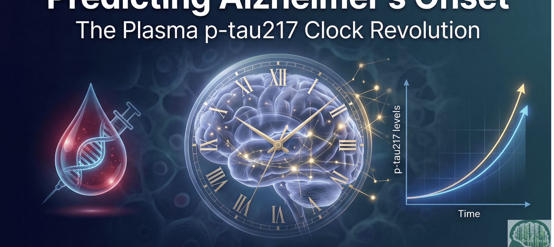 Infographic explaining the Alzheimer's disease clock model using plasma p-tau217 biomarker to estimate years until symptom onset