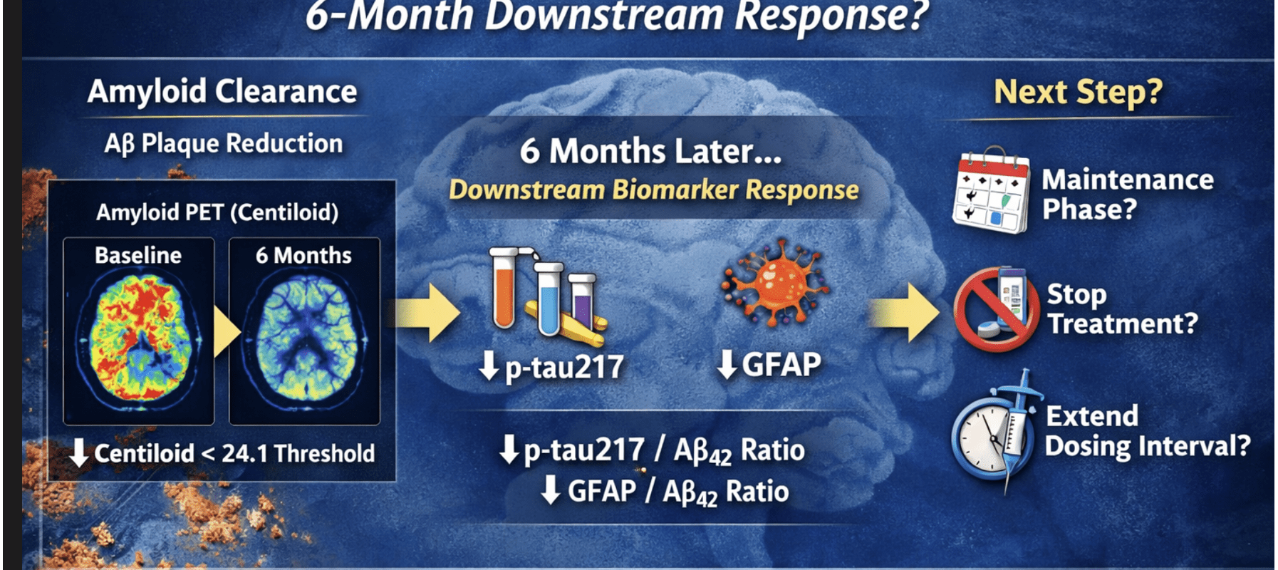 Lecanemab biomarker cascade showing centiloid amyloid PET reduction and plasma p-tau217 and GFAP changes at 6 months Lecanemab 6 個月類澱粉 PET（Centiloid）下降與血漿 p-tau217、GFAP 生物標記連鎖反應示意圖