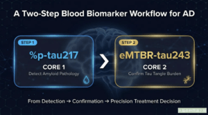 wo-step blood biomarker workflow using %p-tau217 (core 1) and eMTBR-tau243 (core 2) for Alzheimer&rsquo;s disease diagnosis and treatment triage