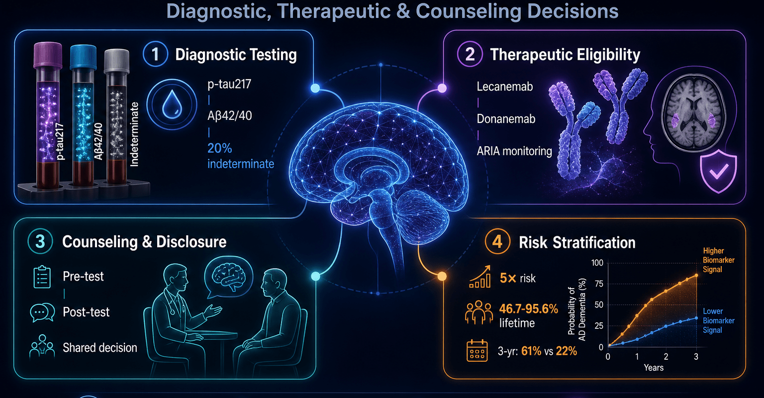 血液生物標記在 MCI 臨床決策的 infographic，包含檢測、治療資格、告知諮詢、風險分層四個區塊